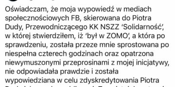 Tyszkiewicz przeprasza Piotra Dudę za hejterski wpis. Przeprosiny opublikował o 2.00 w nocy